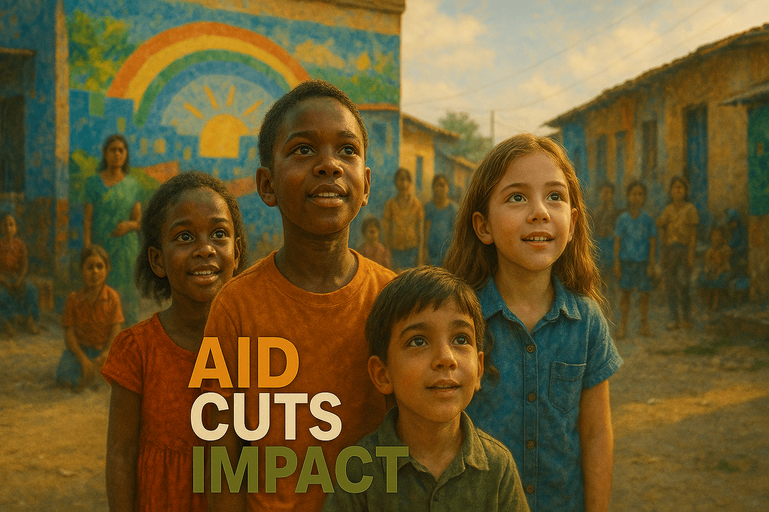 A cinematic image of a diverse group of children looking hopeful and determined, set against a backdrop of a vibrant community scene with bright colors and emotional expressions. The lighting is warm and inviting, capturing the essence of resilience. The camera angle is slightly elevated, creating a sense of empowerment. The striking detail is a colorful mural in the background symbolizing hope and unity. The composition follows the rule of thirds, guiding the viewer's eye towards the children. The high-impact phrase 'AID CUTS IMPACT' is displayed in a multi-line H2 font, with 'AID' in Bronze, 'CUTS' in White, and 'IMPACT' in Olive, ensuring the text pops against the background.